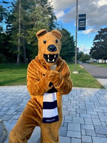 A photo of the Nittany Lion mascot standing outside
