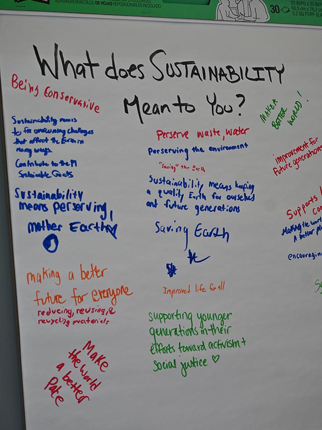 A large poster pad with text written by students about what sustainability means to them.