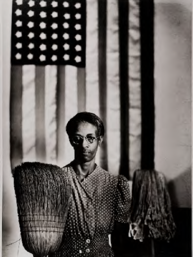Image of a Black woman in front of an American flag