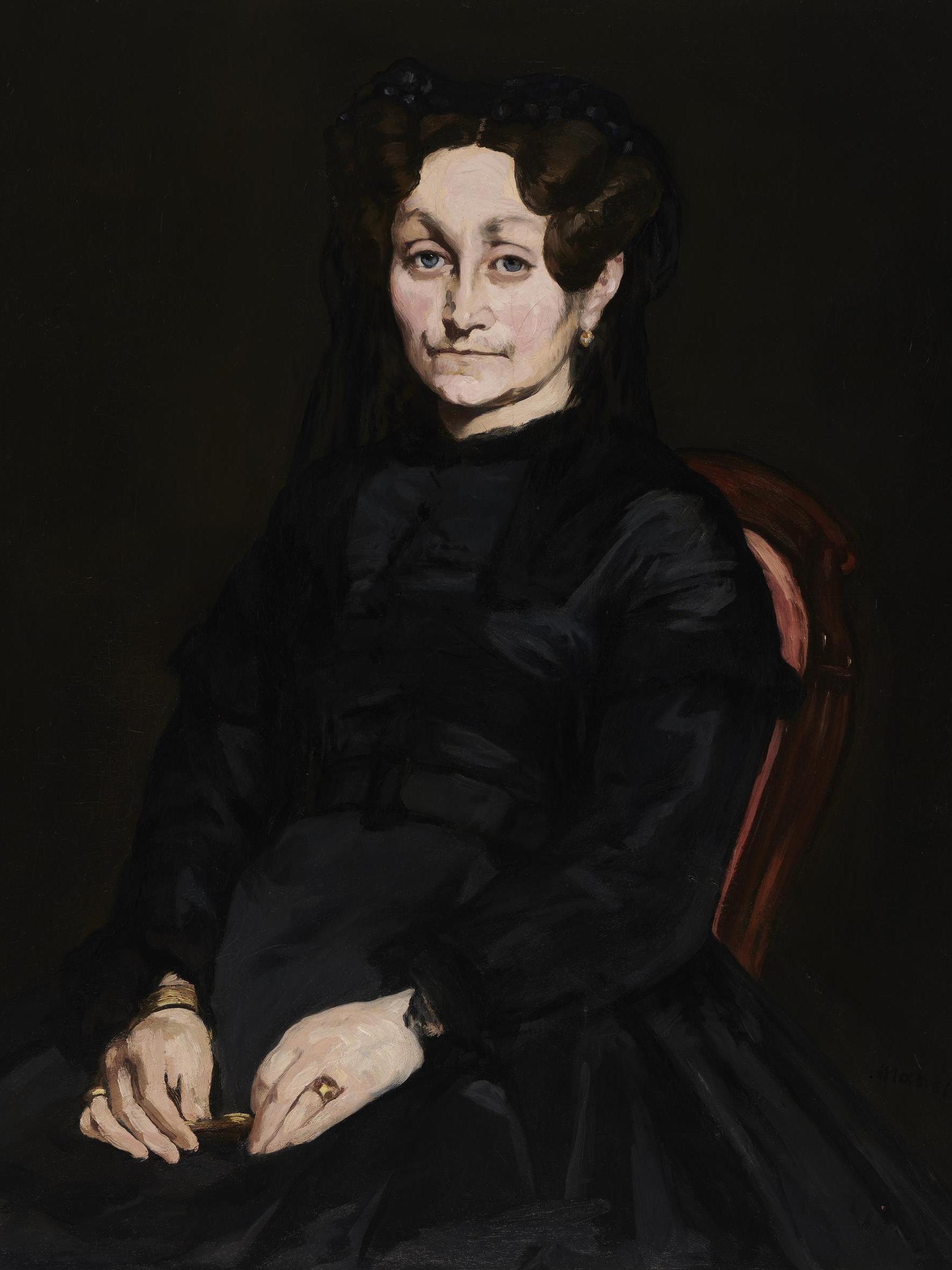 Portrait painted by Manet of an older woman sitting in a chair wearing a long, black dress