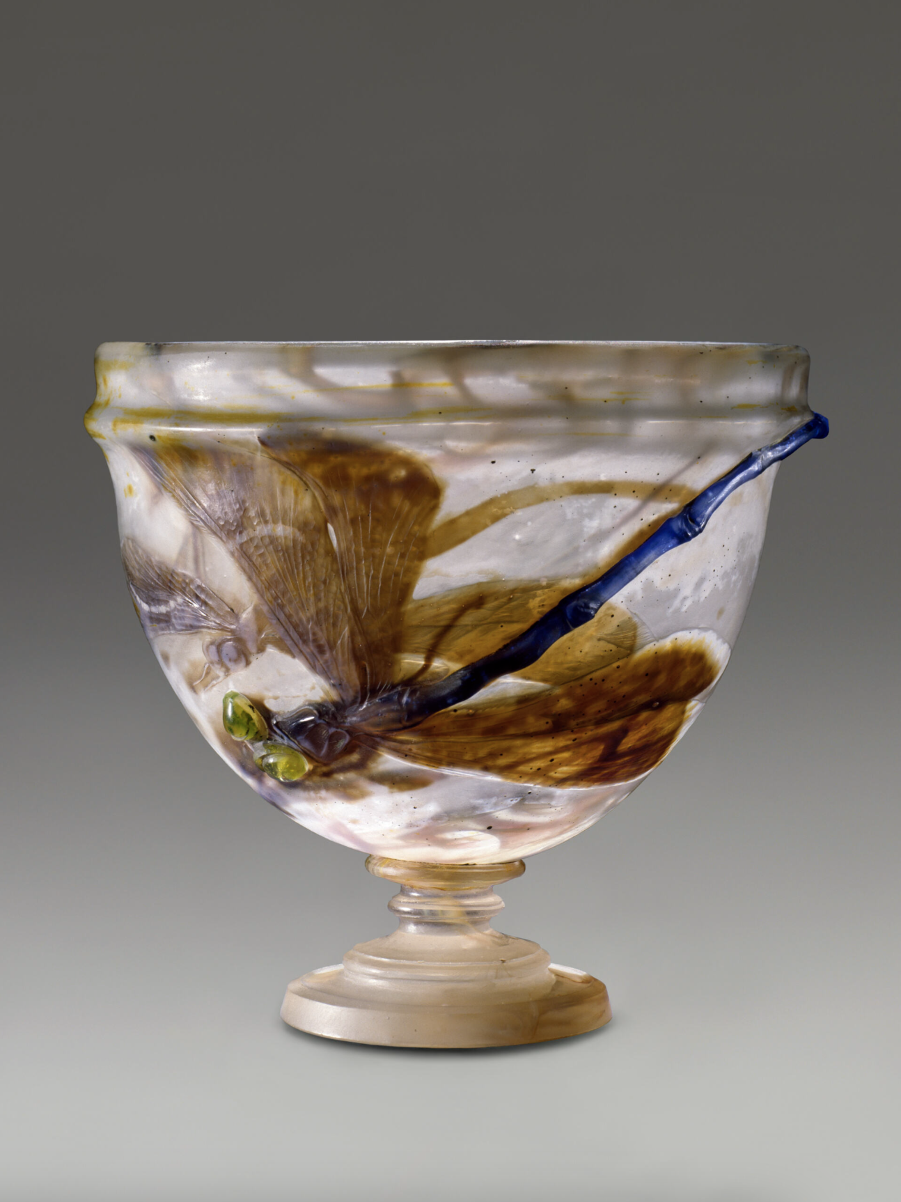 A small translucent glass goblet with a dragonfly on it