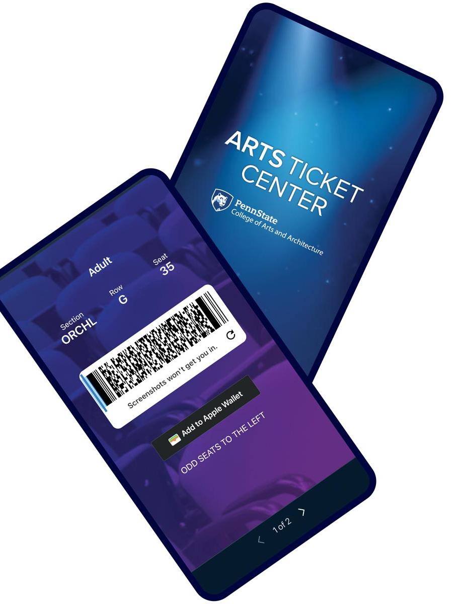A photo of a cell phone with the Arts Ticket Center app displayed.