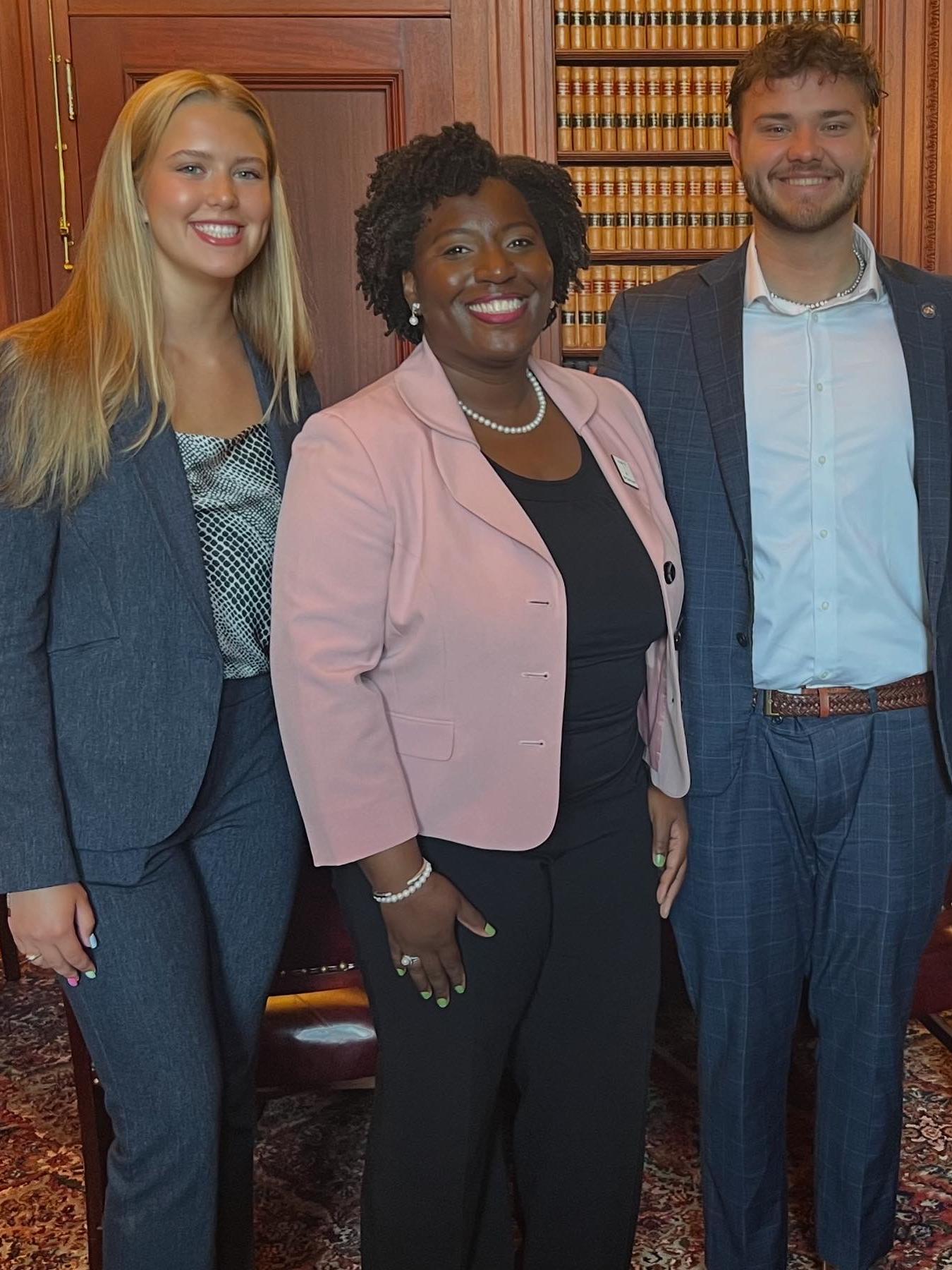 Pennsylvania Speaker of the House Joanna McClinton stands with Kleppinger Interns Evelyn Chick and Hunter Steach during their summer internships