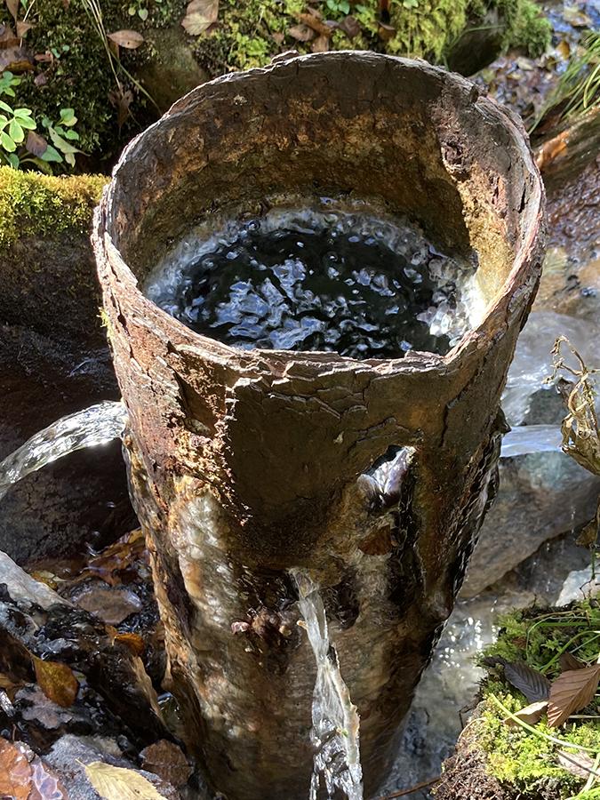 A rusted pipe leaks water in a forest.