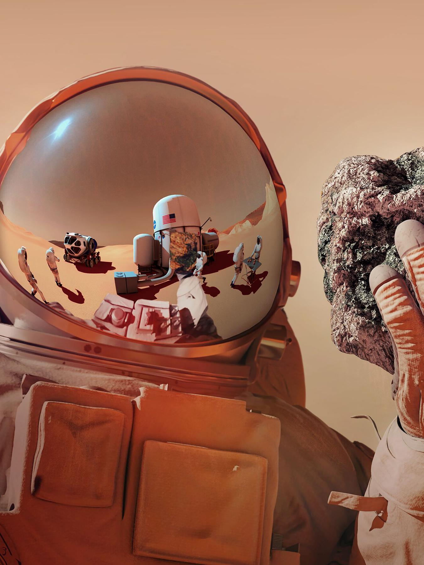 An illustration of a person in a space suit holding a rock on Mars