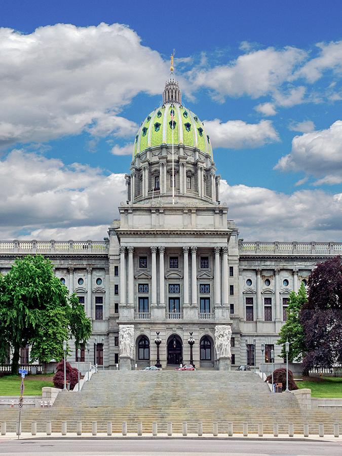 Large, green-domed building with staircase and trees