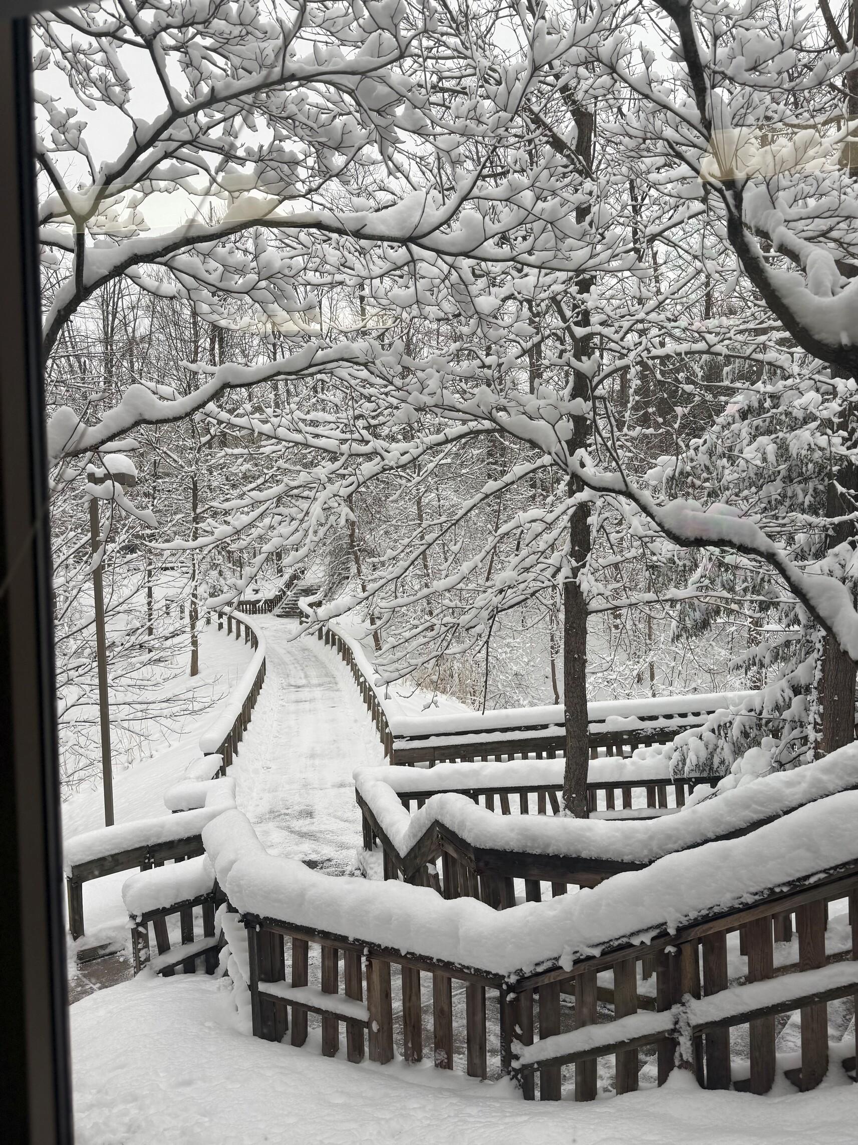 The view from the top of a snow-covered staircase