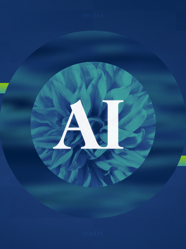 Text in white reads "AI" over top a collaged background in shades of blue and various patterns