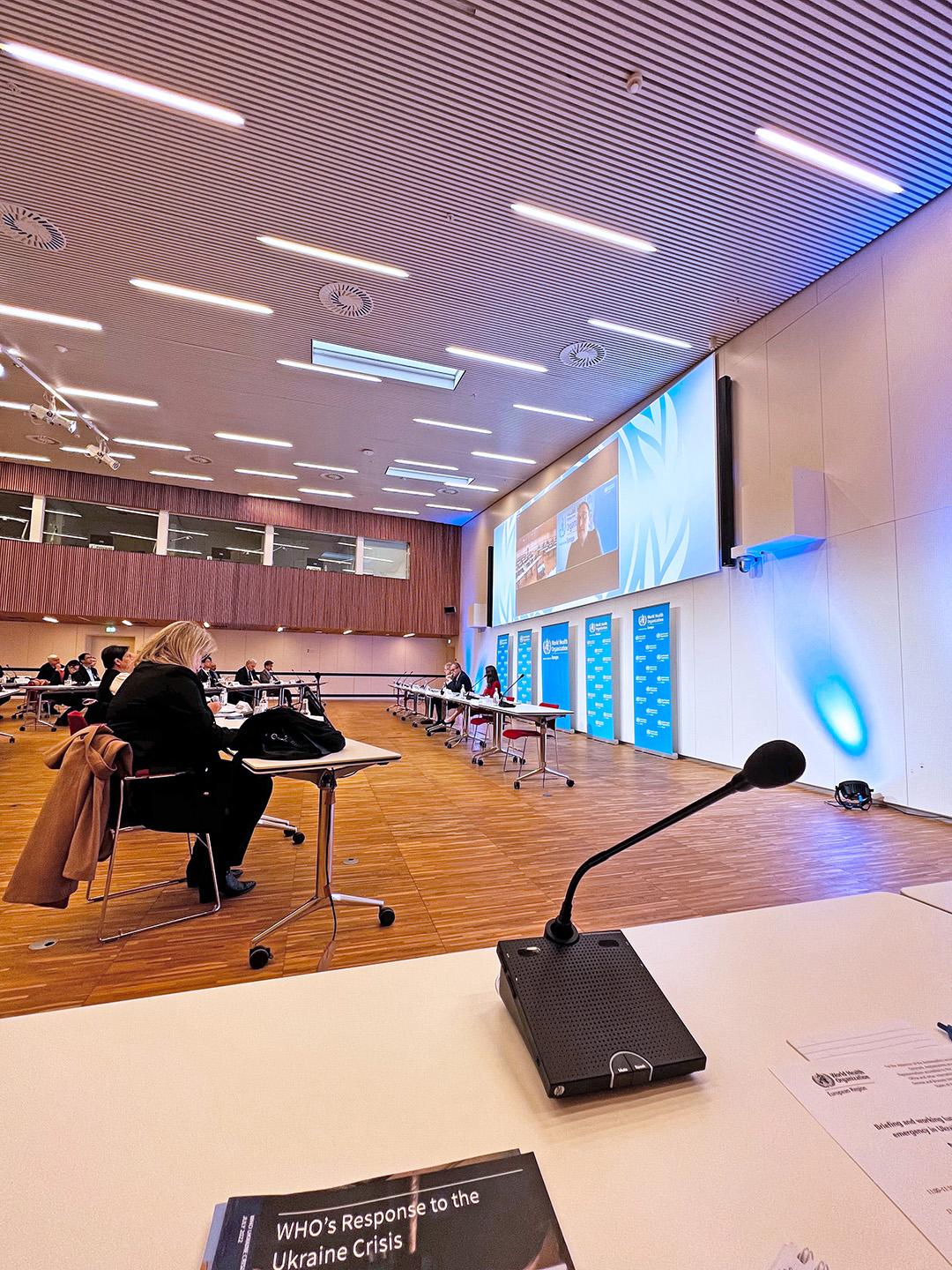 A WHO-hosted ambassadorial briefing held in January 2023 at UN City, Copenhagen, related to the war in Ukraine and WHO's ongoing response efforts for Ukrainians and refugees.