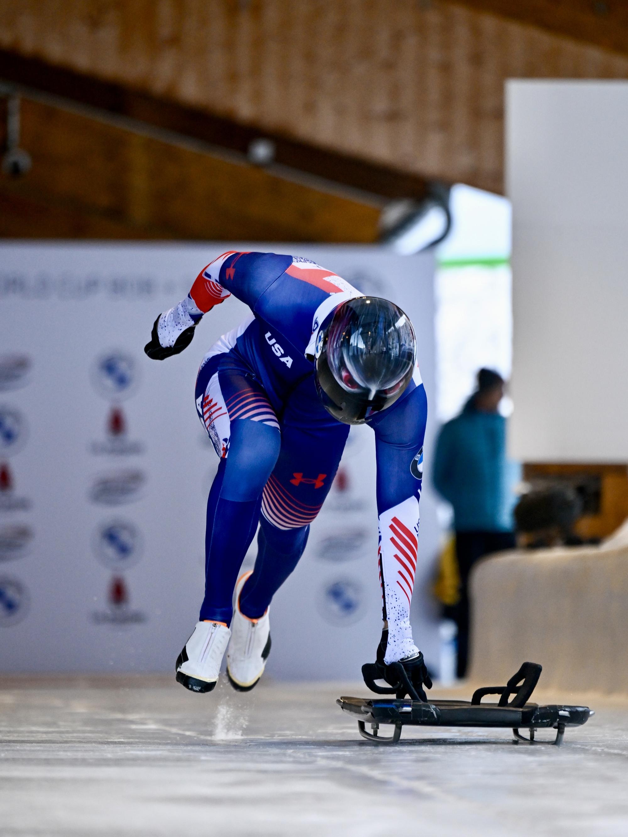 Man competing in the sport of skeleton