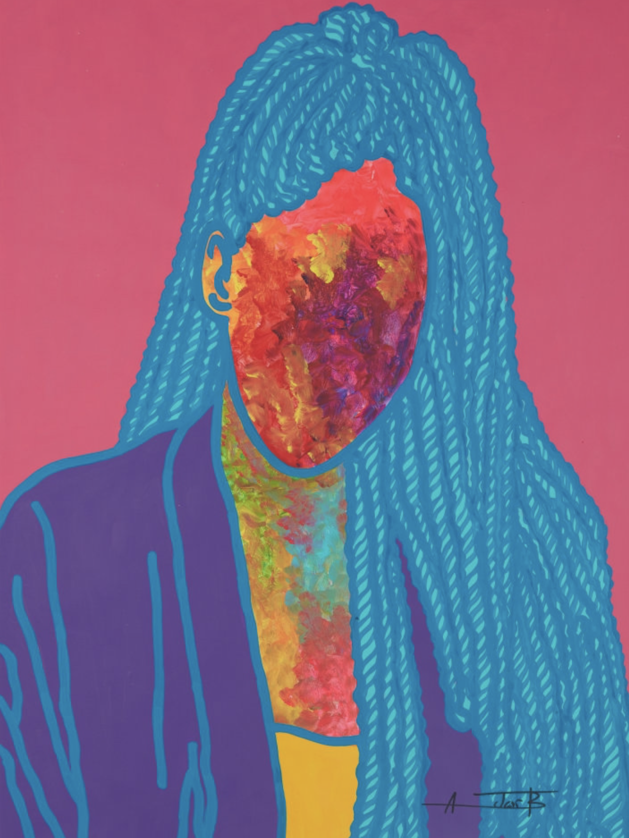 Painting of a faceless female figure with long blue braids, purple jacket, and orange, red, and yellow skin on a bright pink field 