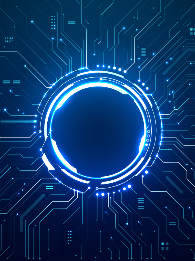 Blue AI circuit circle with tech lines.