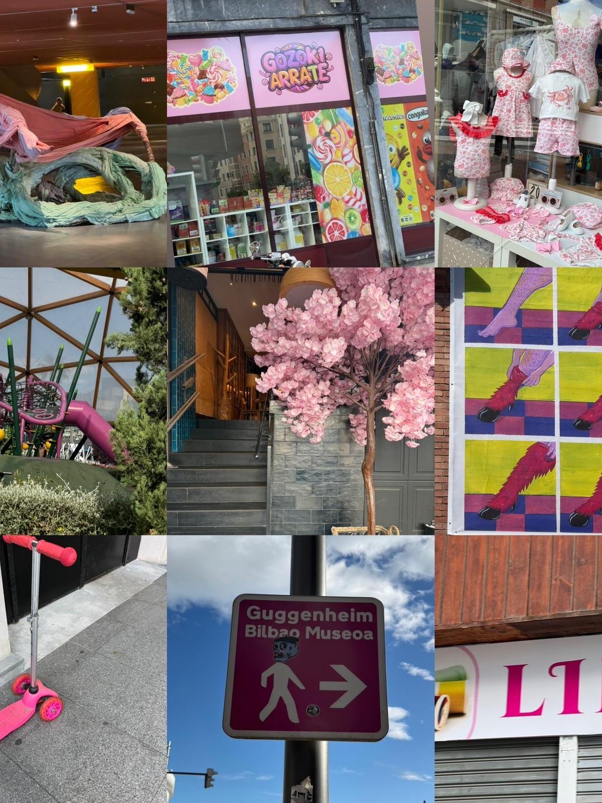 A photo collage with various shades of pink objects encountered in Bilbao, Spain.