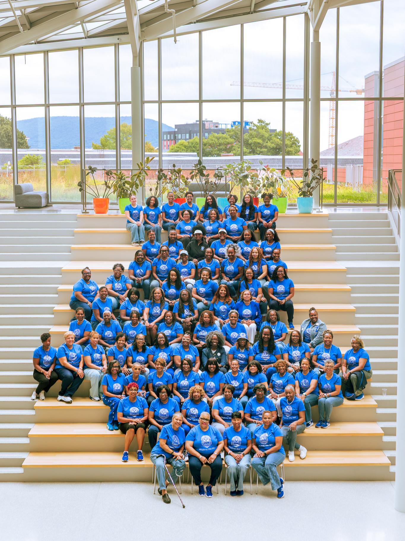 Past and present members of the Mighty Mu Eta chapter gather together.