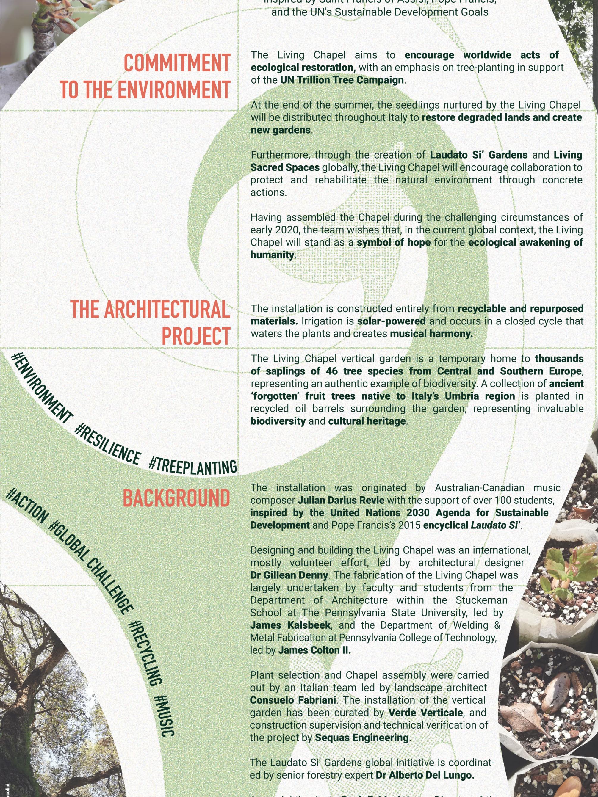 The promotional poster about the Living Chapel that stands with it in the Botanical Garden in Rome. 