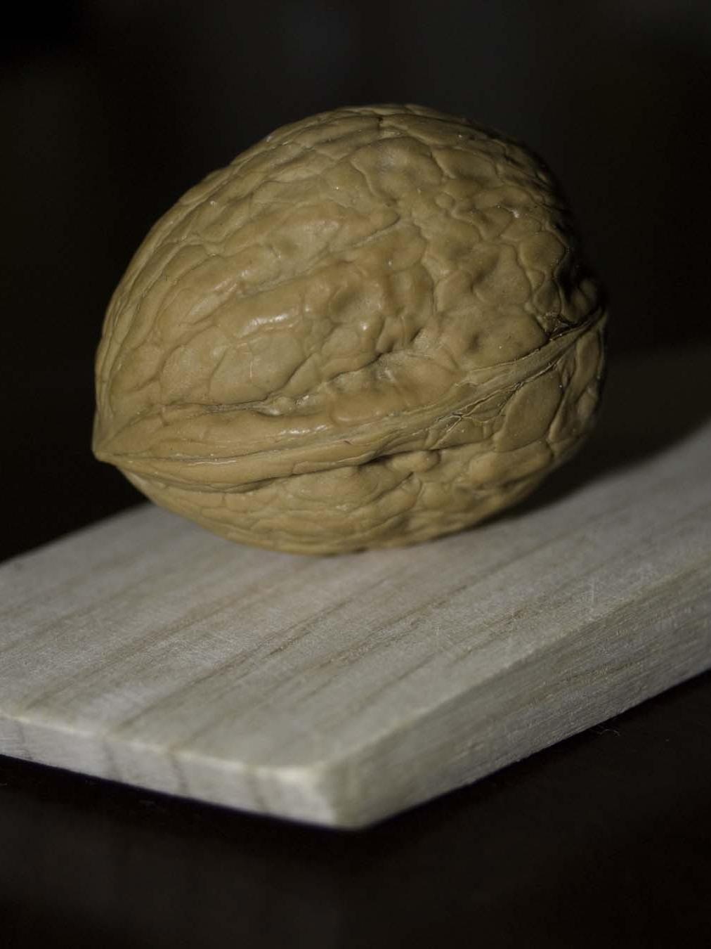 Walnut in shell sitting on cutting board