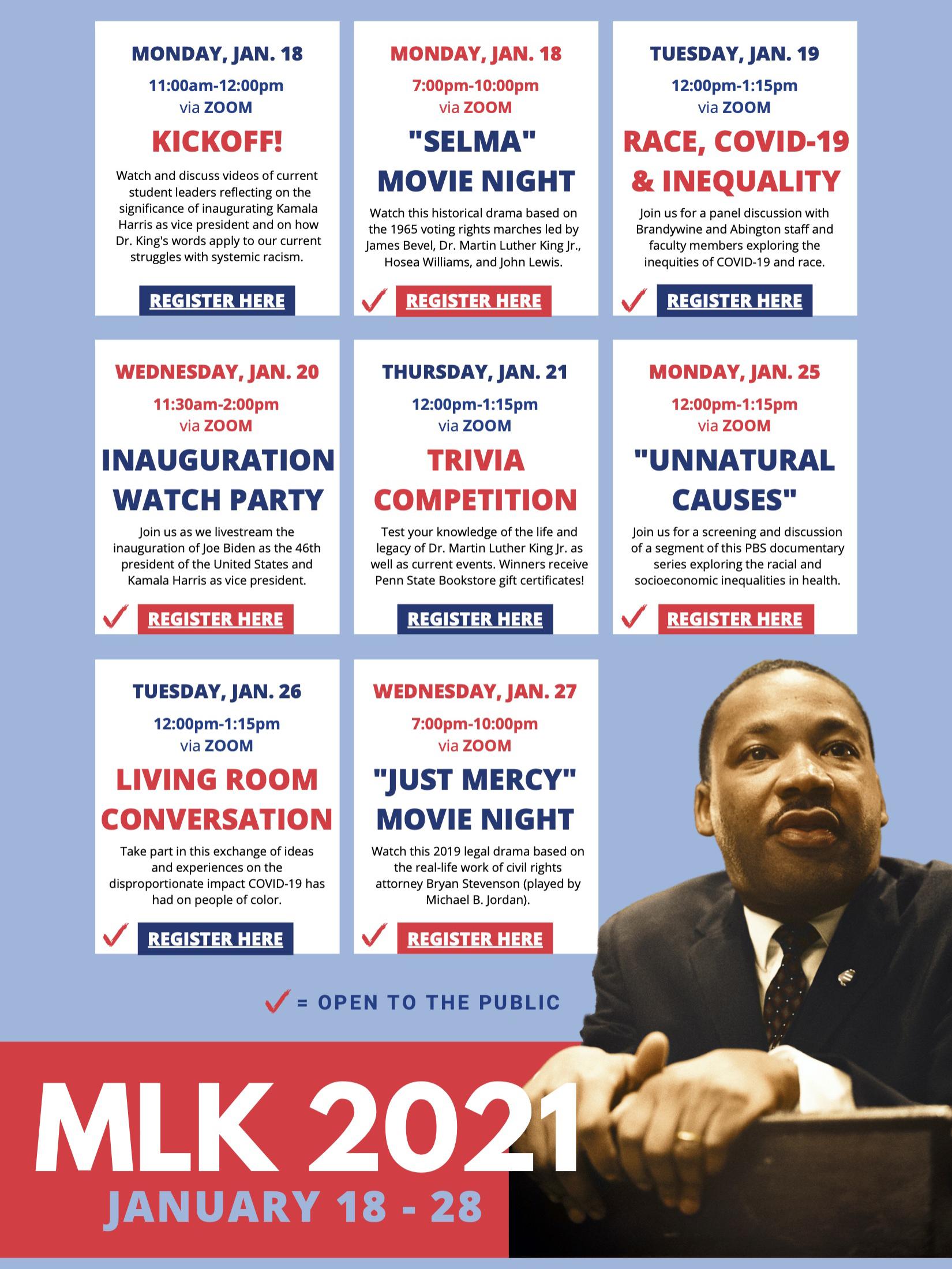 Flyer listing events for MLK 2021 celebrations at Penn State Brandywine and Abington