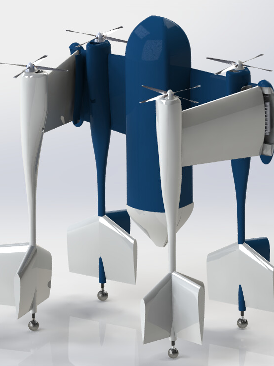 A computer graphic of a navy blue and white aircraft pictured flying vertically.
