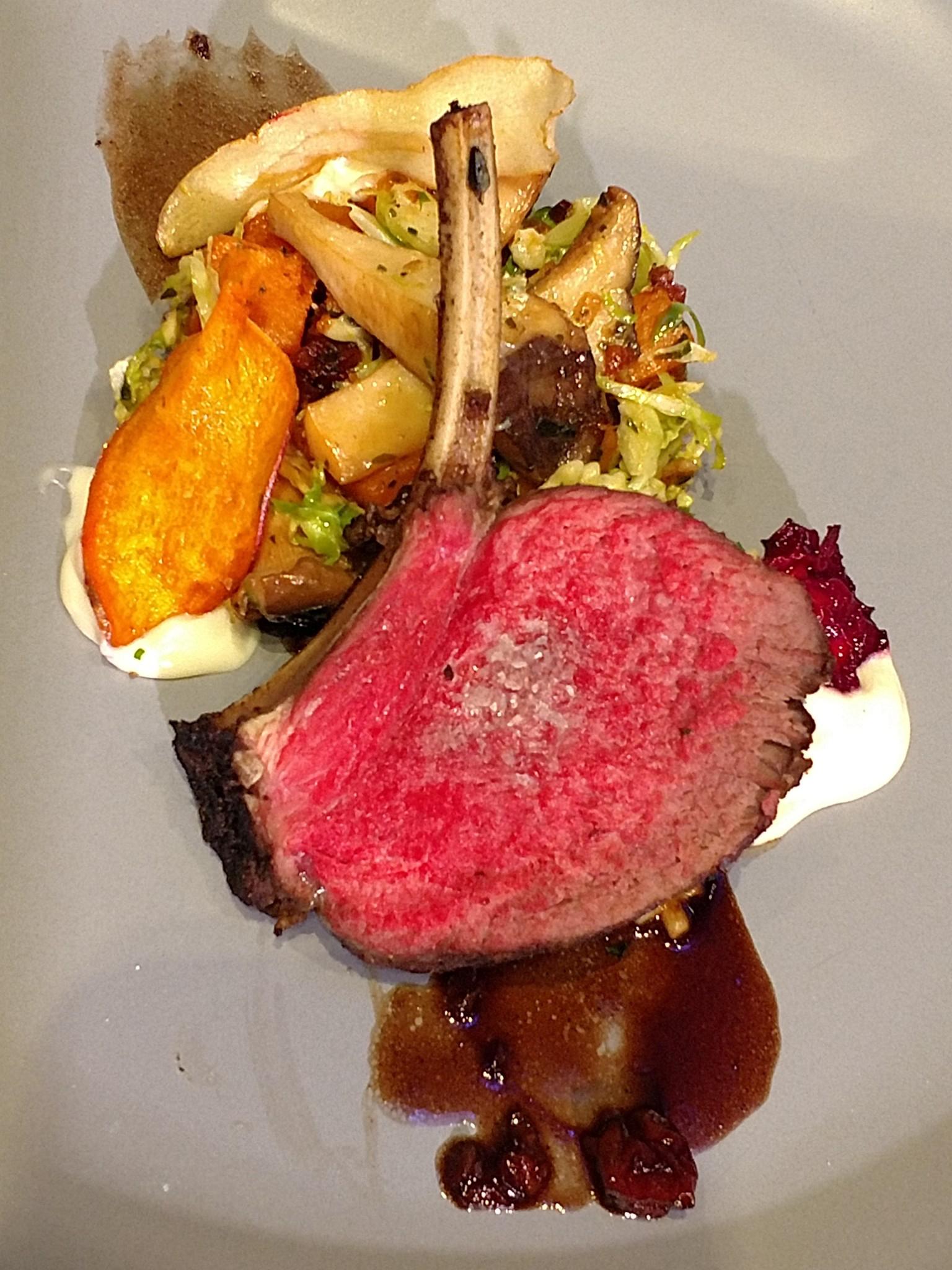 Penn State Harrisburg Executive Chef Athan Spanos' winning dish featured a juniper and fennel crusted venison chop, delicata squash and trumpet royale mushroom hash, sunchoke ravioli truffle parmesan foam, root vegetable chip, and a sour cherry reduction.