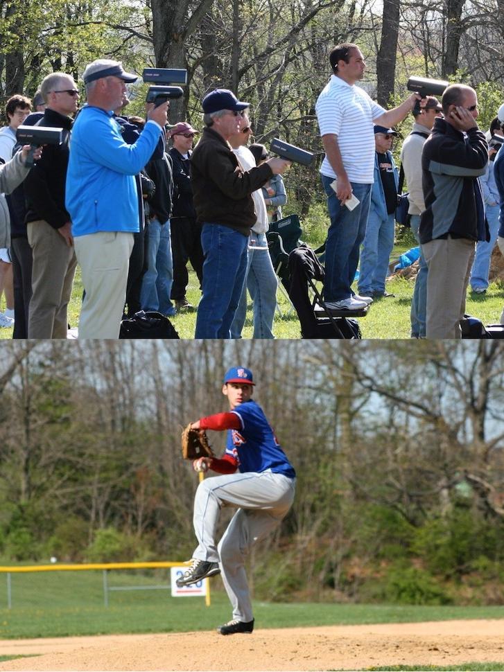 Combined photo of baseball scouts with radar guns and Austin Urban winding up for a pitch