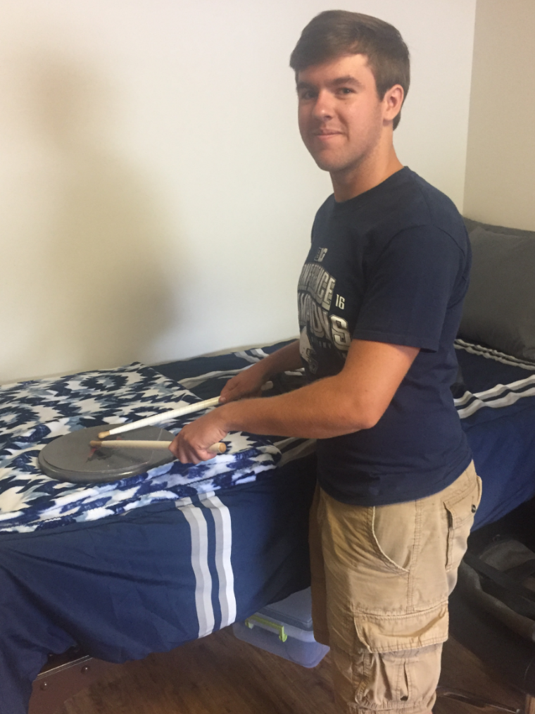 Joshua Bechtold, from Gibsonia, Pa., loves to drum. Don't worry, his neighbors can rest easy. He promises that he won't make too much noise when he's jamming out in the residence halls.