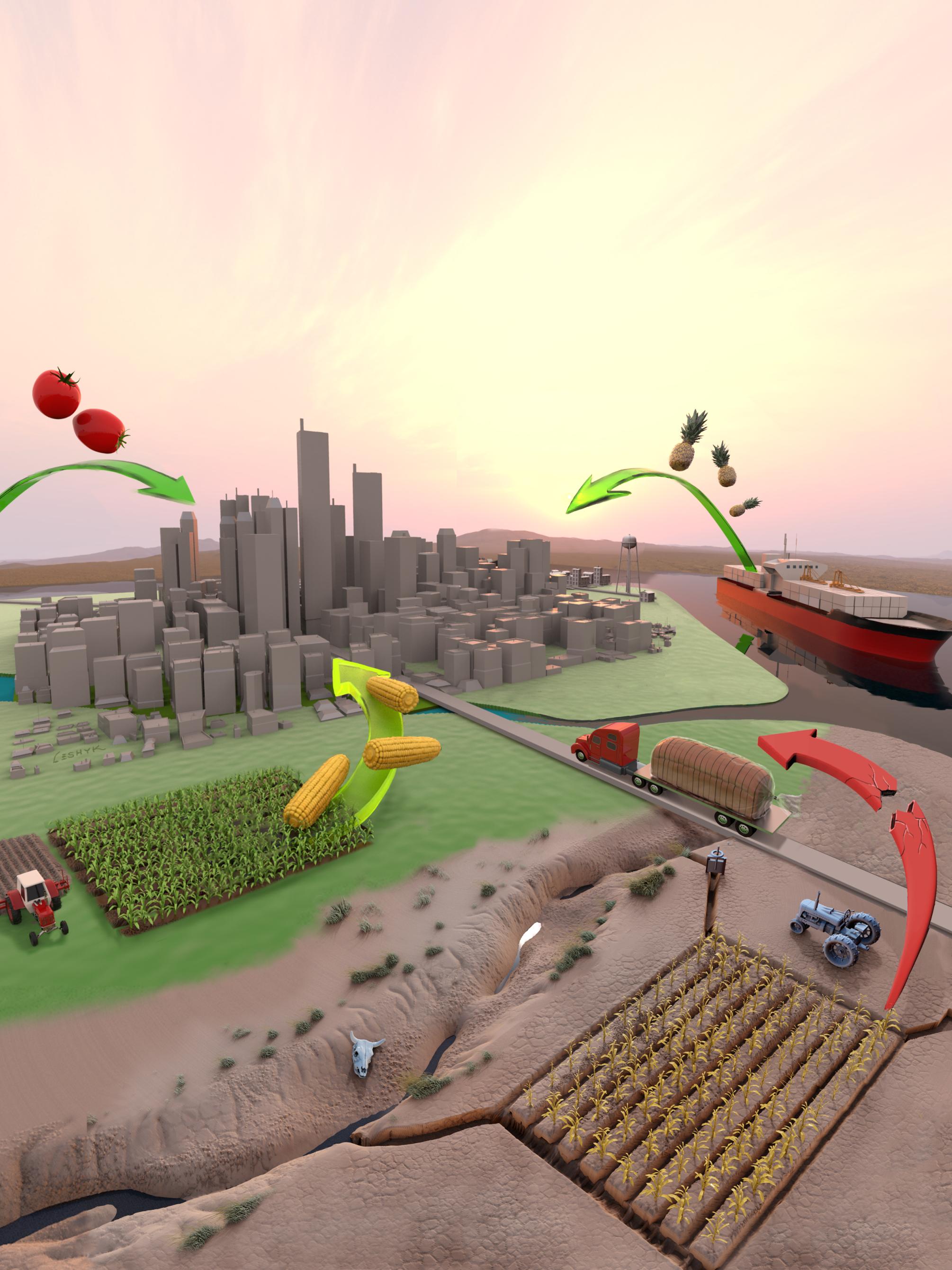 Whimsical image of the food supply chain with flying corn a loaf of bread truck, etc. illustrating where food is sourced from 