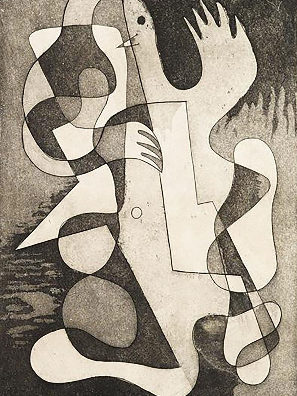 Morris Blackburn, "Emergence," 1948, etching and aquatint. Courtesy of Dolan/Maxwell and the Pennsylvania Academy of the Fine Arts.