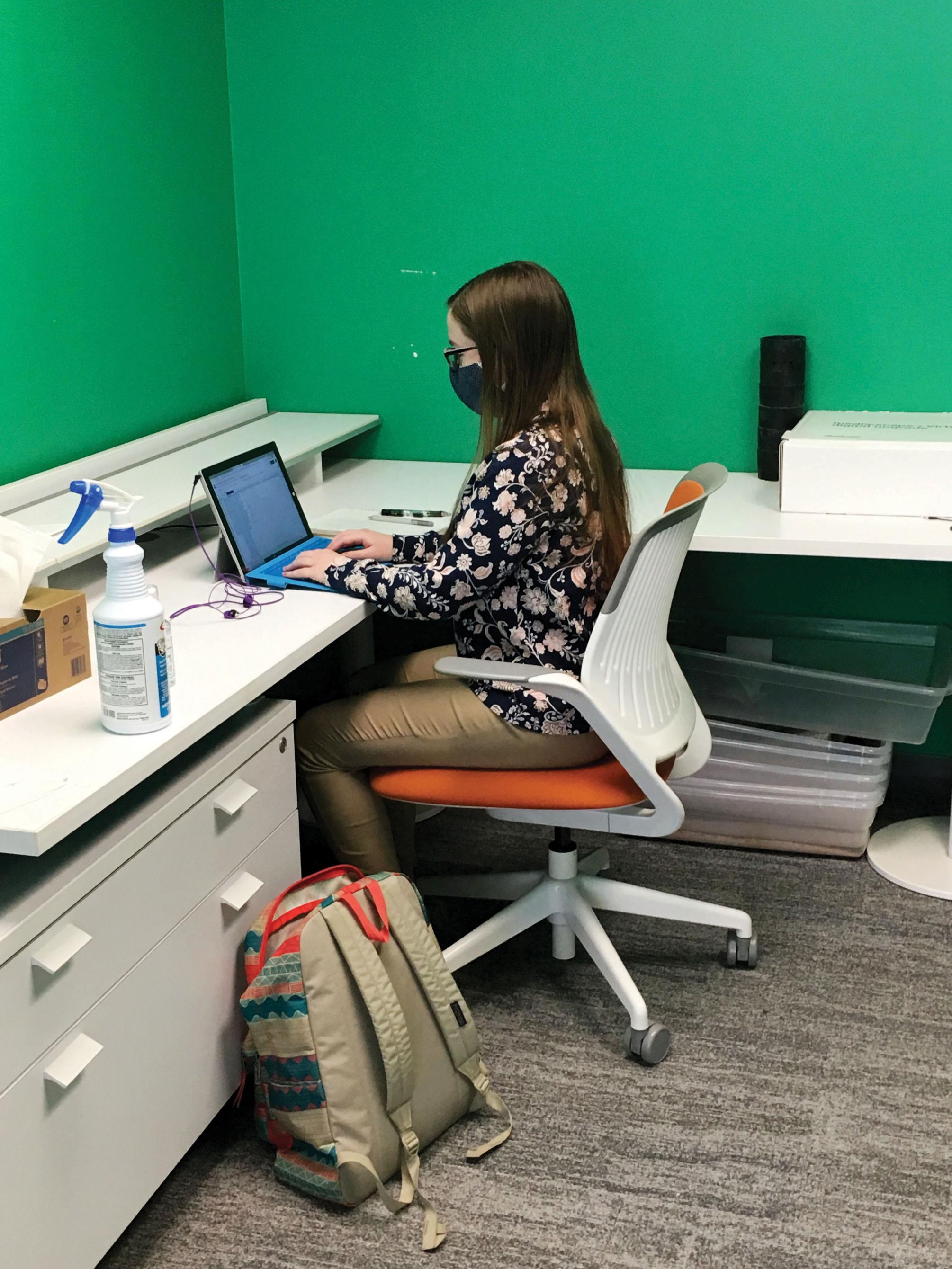 Kaitlyn McCoach performed her elementary class student teaching duties from inside Krause Studio.