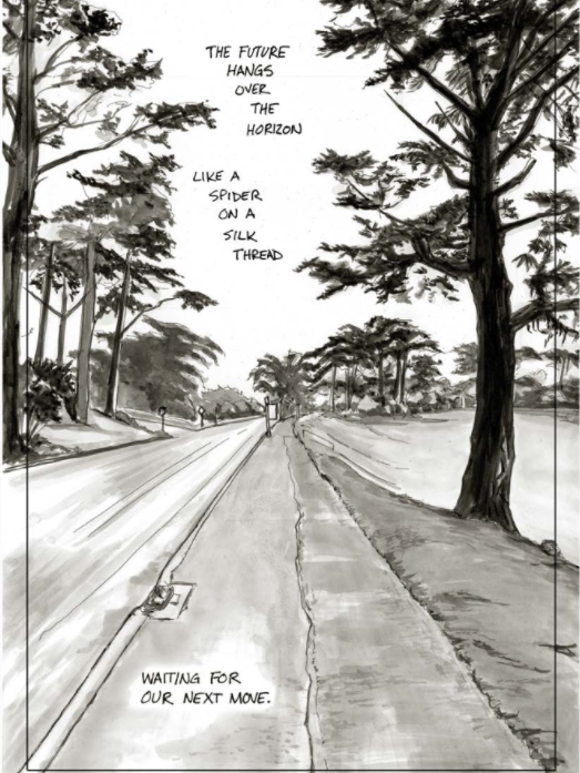 comic of an empty, tree-lined street