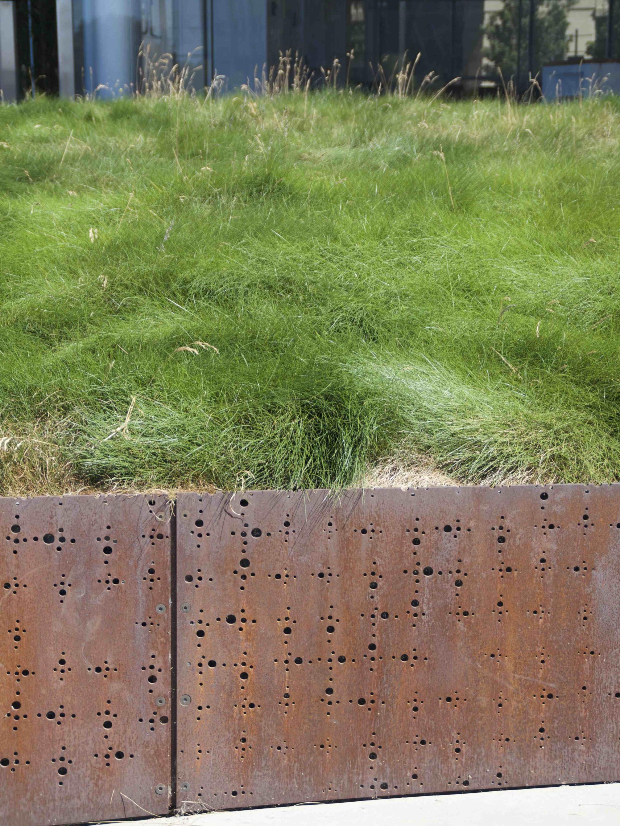 Detail of perforated weathering steel retaining wall 