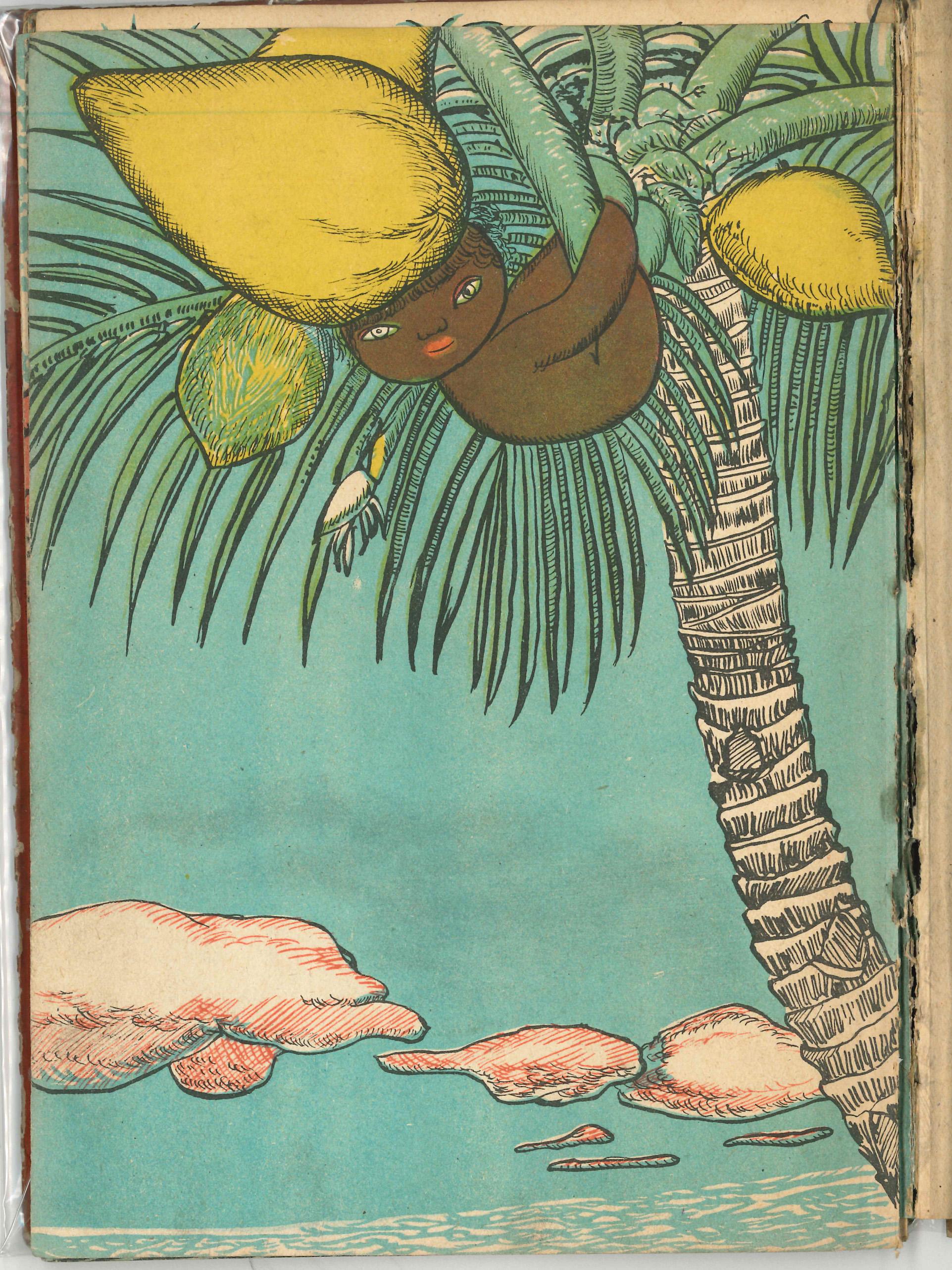 Little boy with a coconut on his head hanging from tree