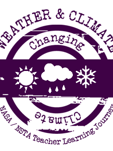 A purple and white stamp earned for studying changing climate