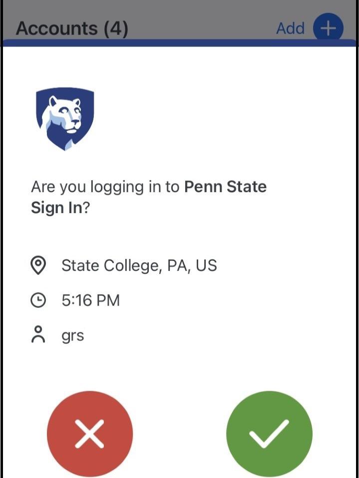 Penn State Duo Mobile Mobile Version 4.0.0 push screen with new approve and deny button placement. 
