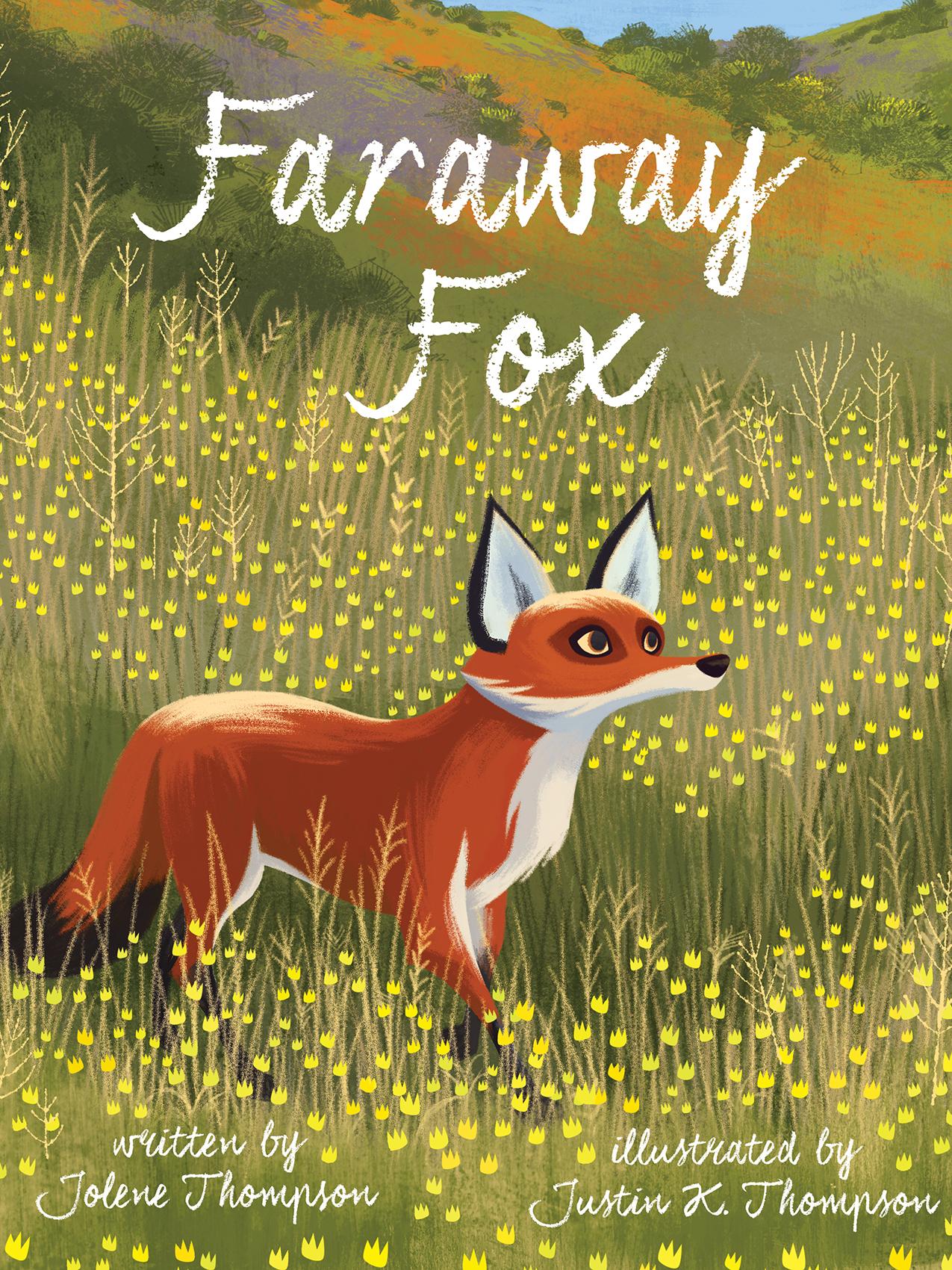 book cover for the Baker's Dozen selection “Faraway Fox” with an illustration of a red fox in a field of wildflowers