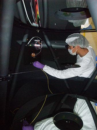 The Harold C. Simmons Dark Energy Optical System being prepared for installation atop the Hobby-Eberly Telescope