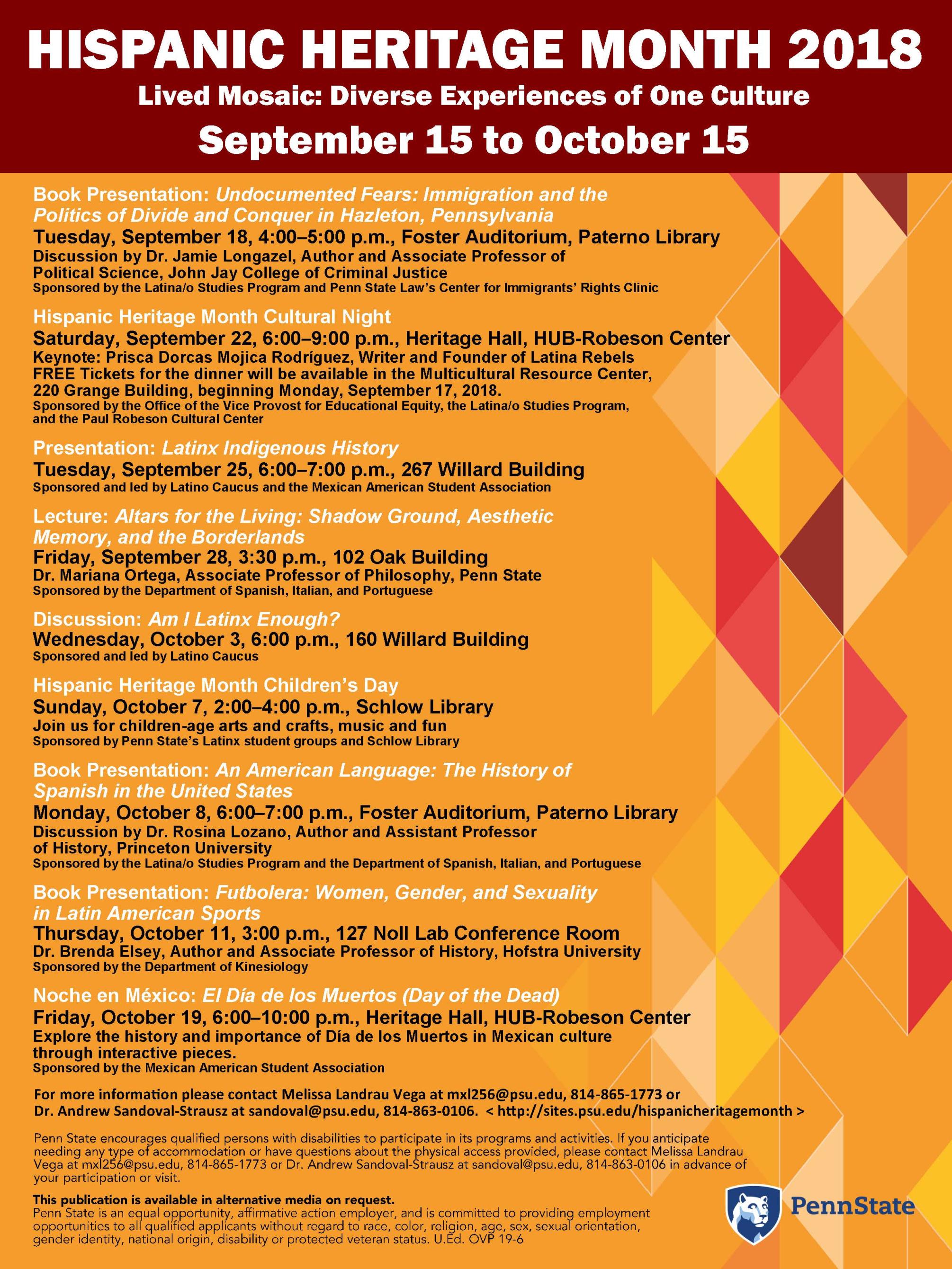 Flyer for Hispanic Heritage Month events for 2018