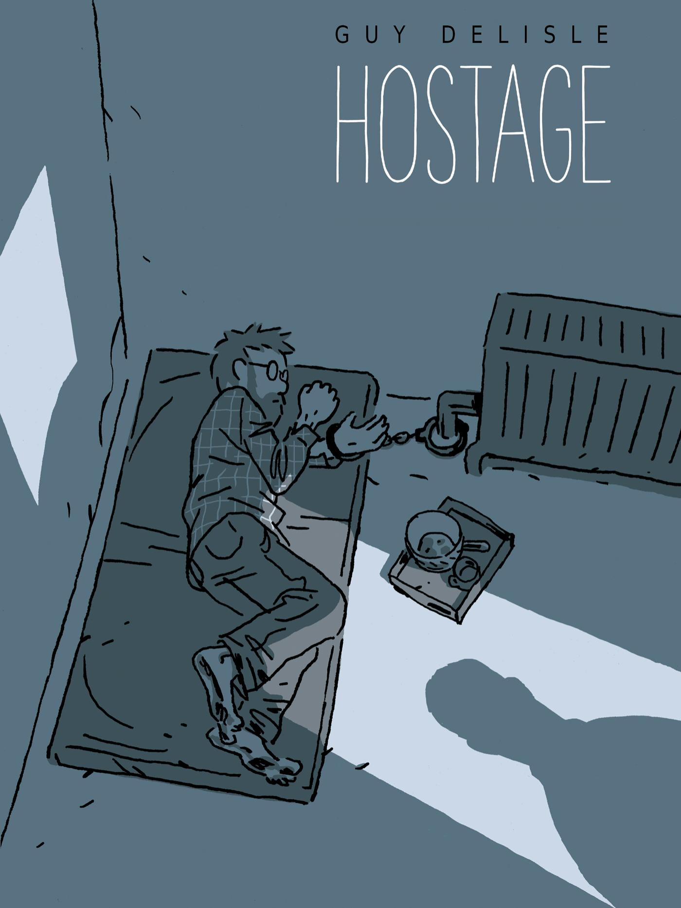 illustrated book cover with title showing man lying on floor in darkness, with standing shadow of figure in lit doorway to his right