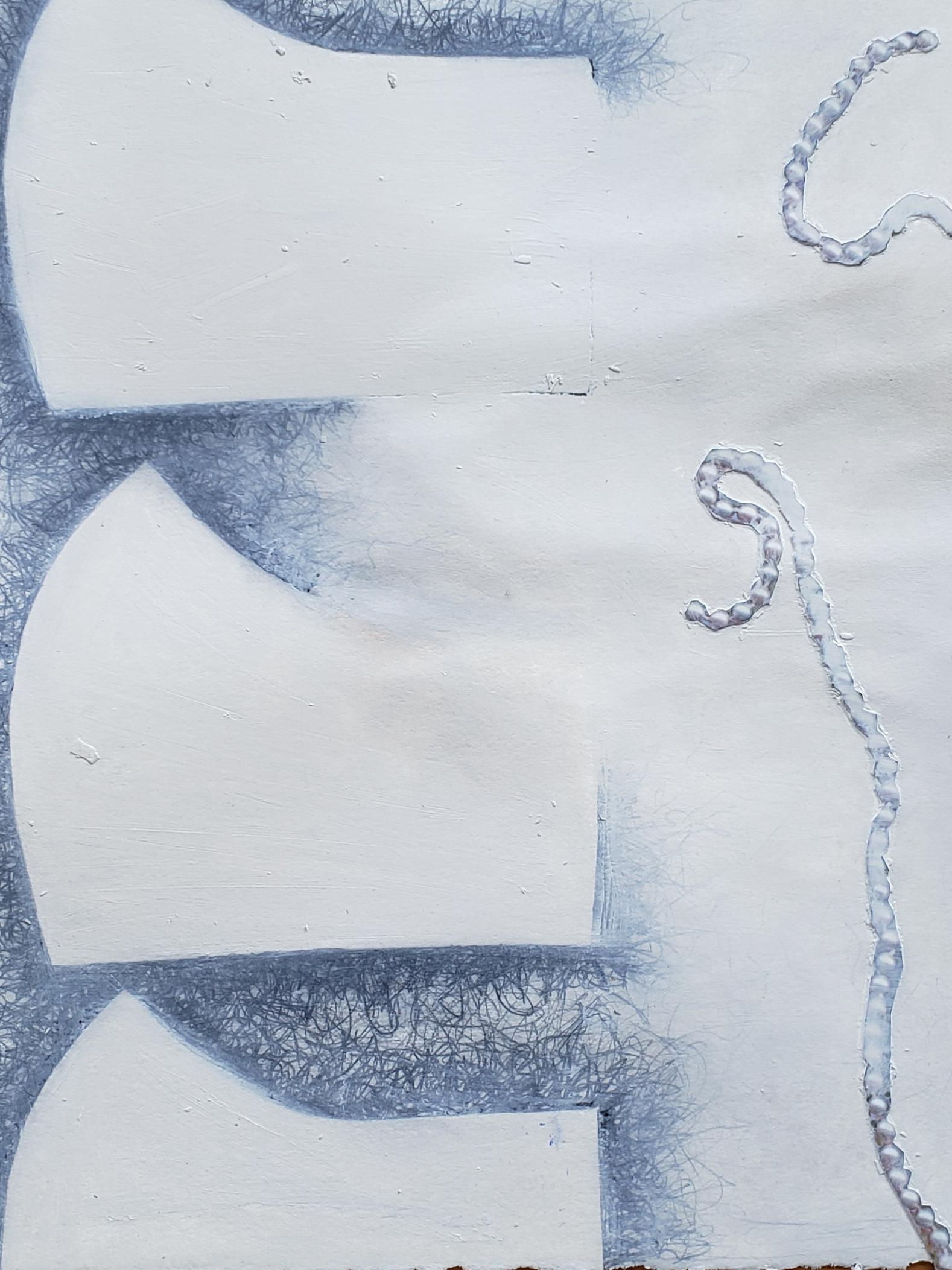 Black and white drawing showing three white masks along left side and pearls on the right