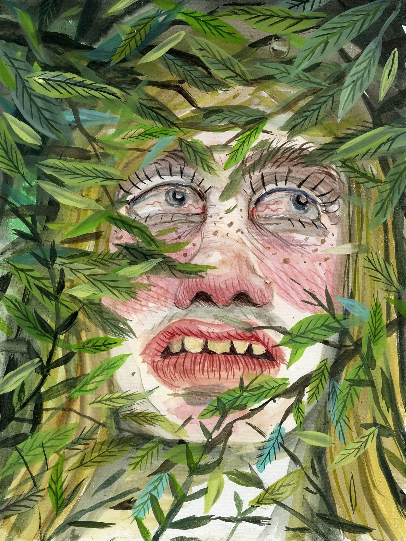 REBECCA MORGAN, Hiding Girl, 2016. Watercolor on Color-aid, 6 x 4 ½ in.
