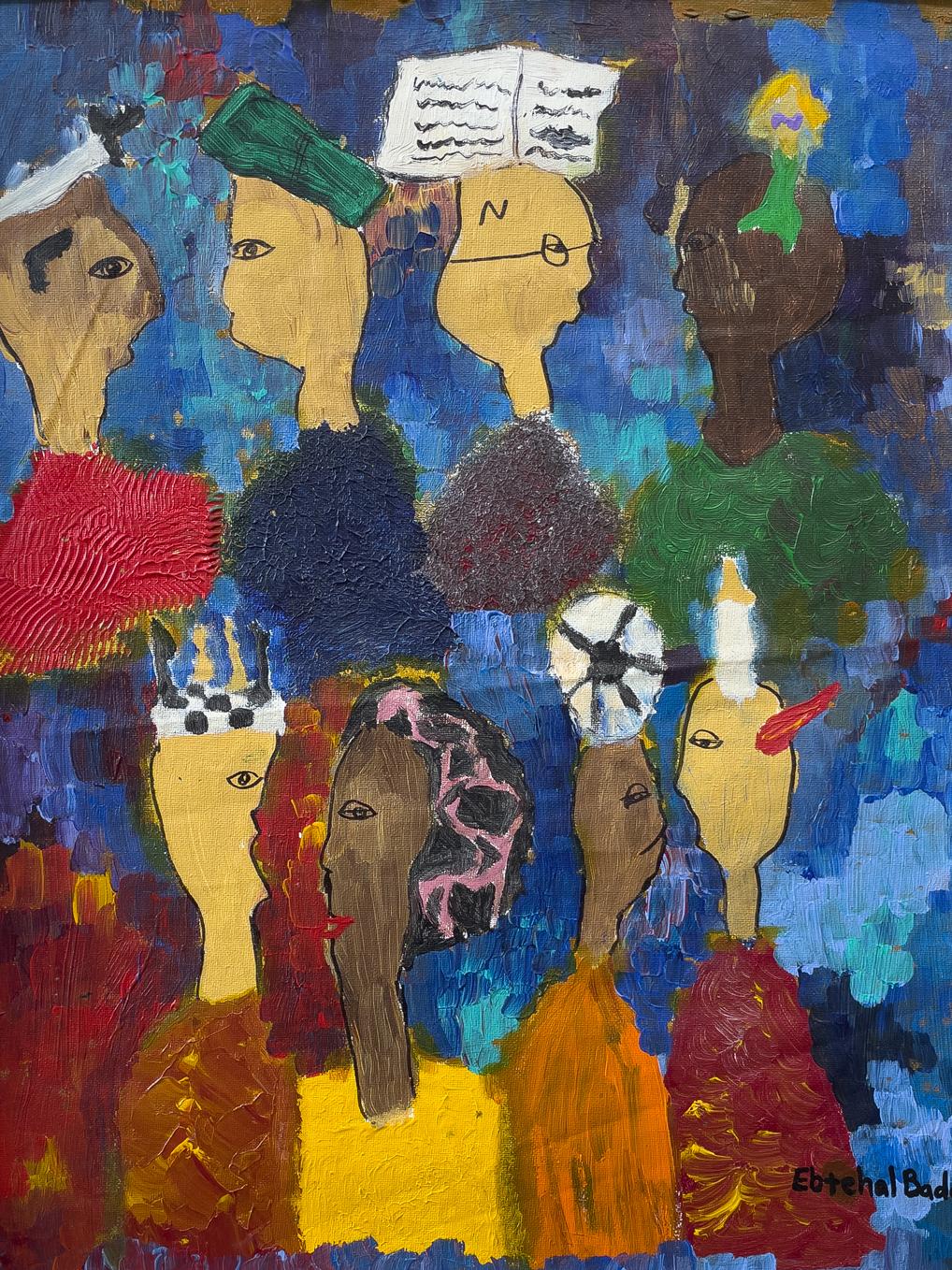 Canvas painting of different people of different races talking together. 