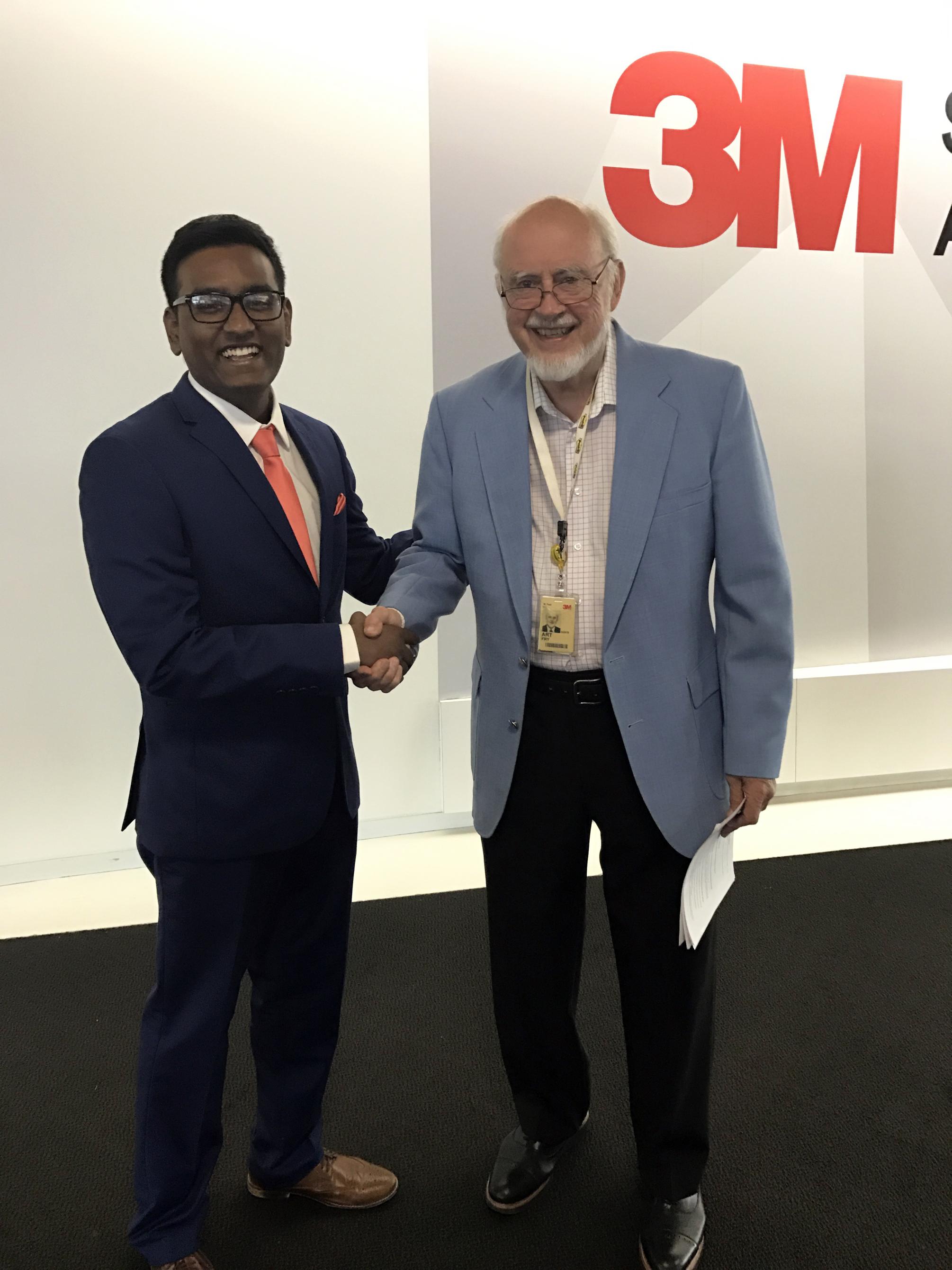  Voruganti meeting Arthur Fry, the inventor of the post-it note, at the global competition.