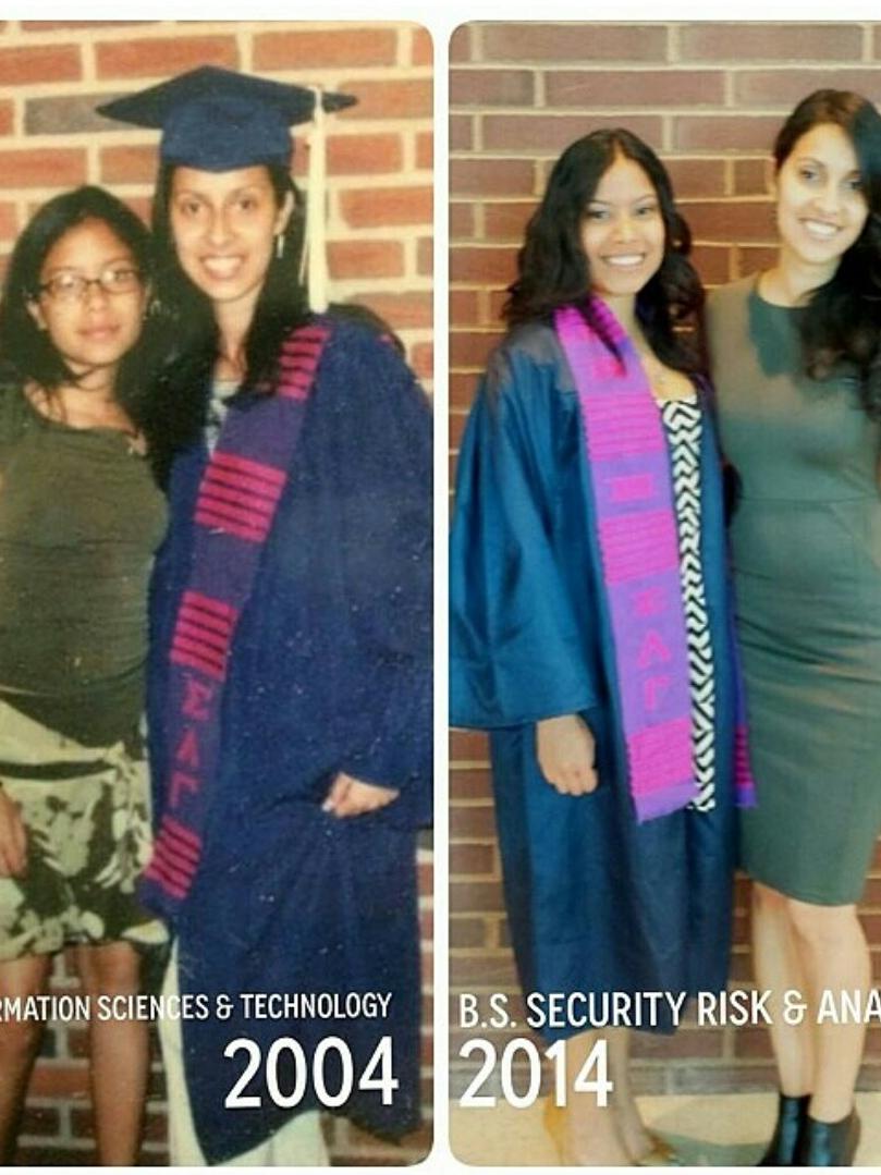 Maria Umana Cody and Diana Lopez Long at their respective Penn State commencement ceremonies in 2004 and 2014
