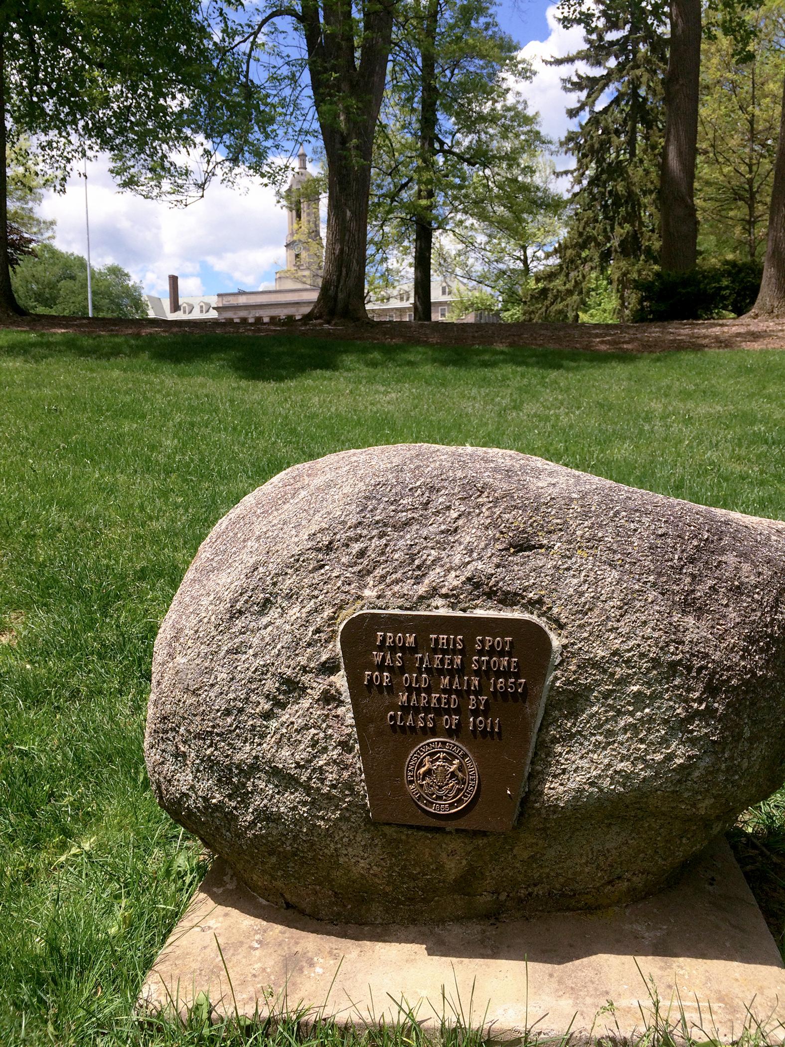 Granite monument on Old Quarry site, Old Main lawn, Penn State
