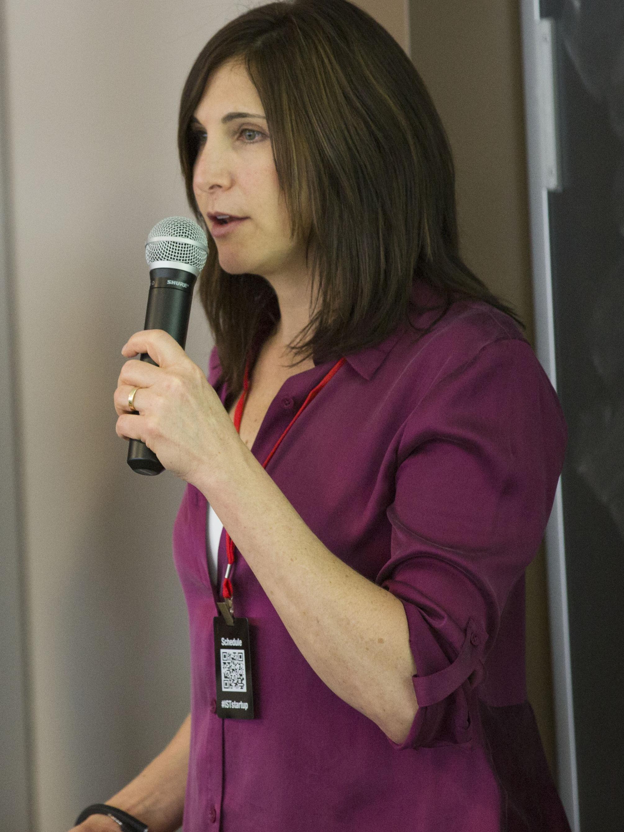 Jayme Goldberg, co-founder of SilverLine Athletics, talks during IST Start-up Week at University Park campus.