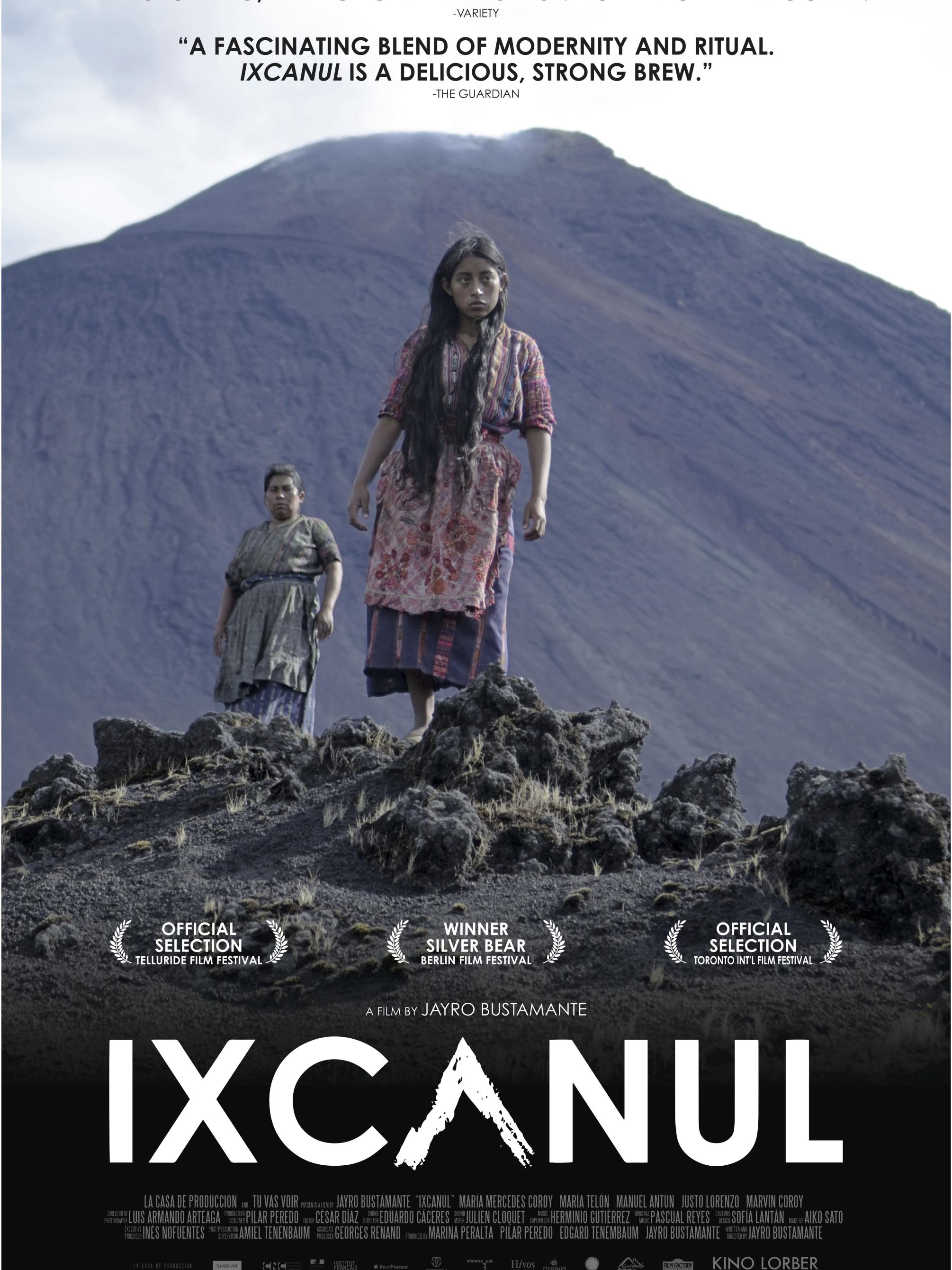 young Mayan woman in front of a volcano