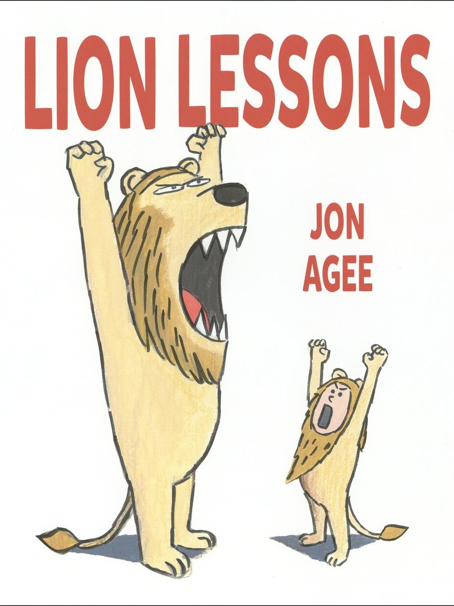 book cover featuring illustration of an adult lion teaching a child in a lion costume how to roar