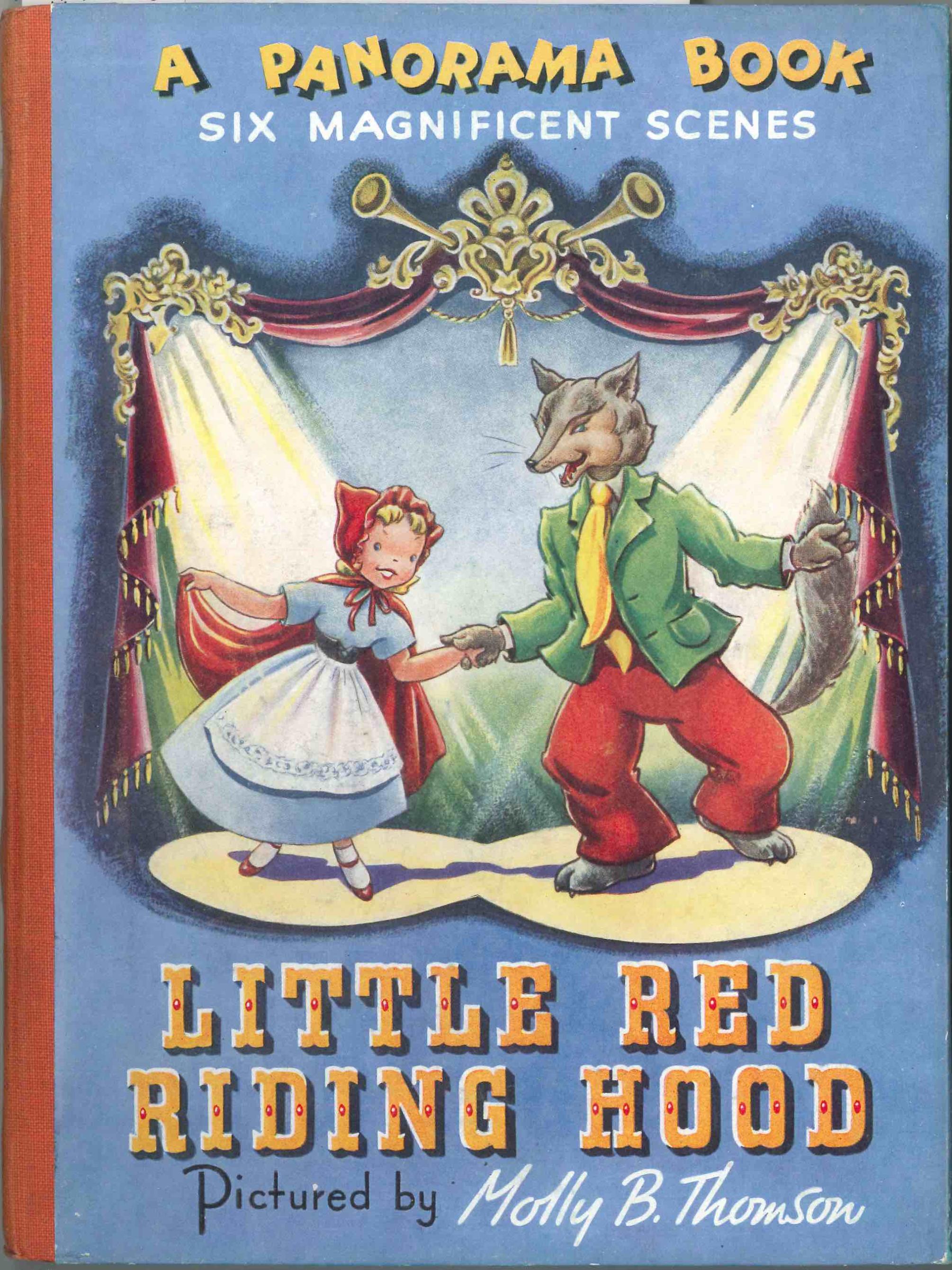 illustrated book cover showing little girl in red cape holding hands and dancing with wolf dressed in coat, pants and tie