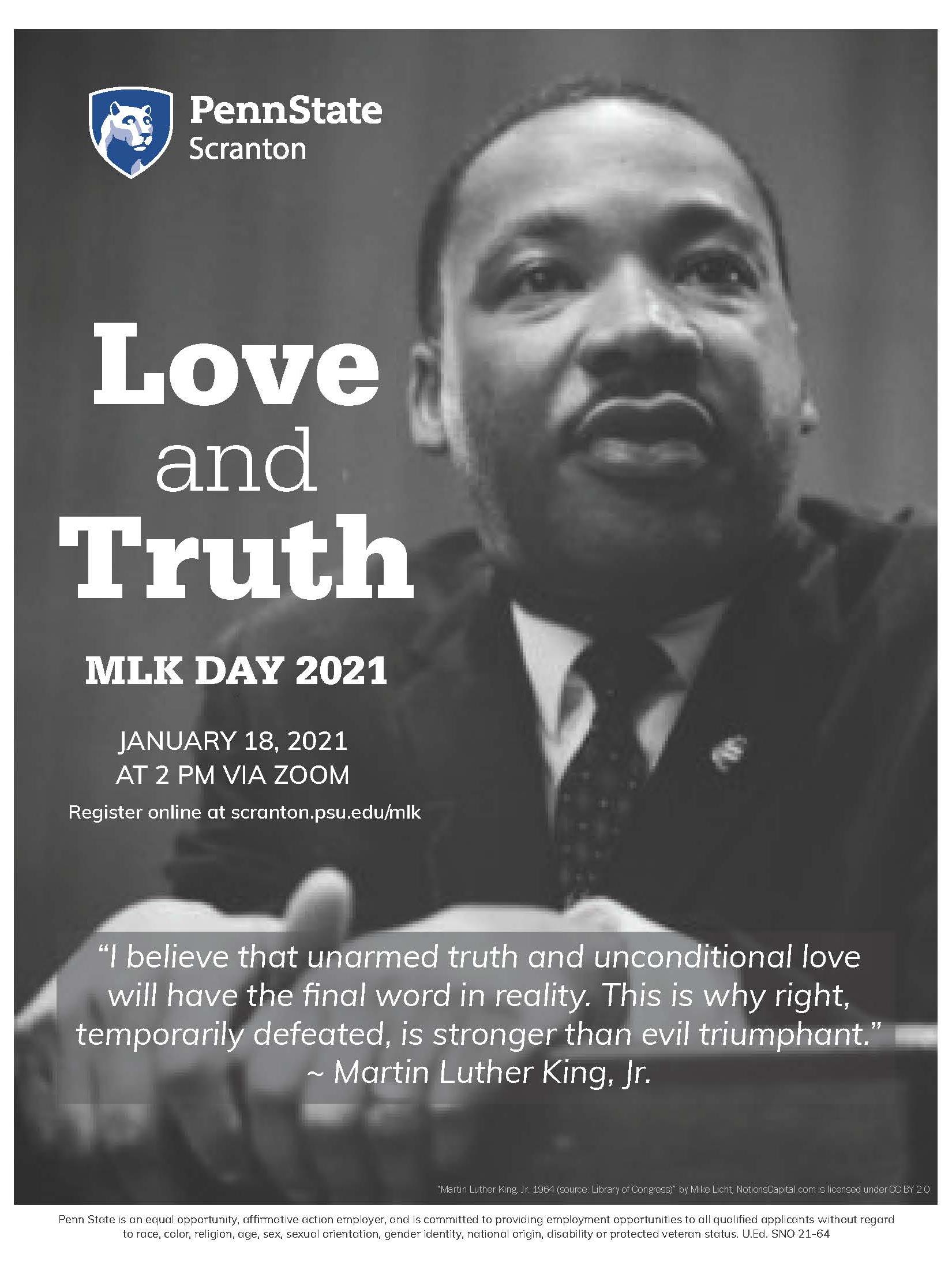 MLK Day event poster with picture of Dr. King and event info