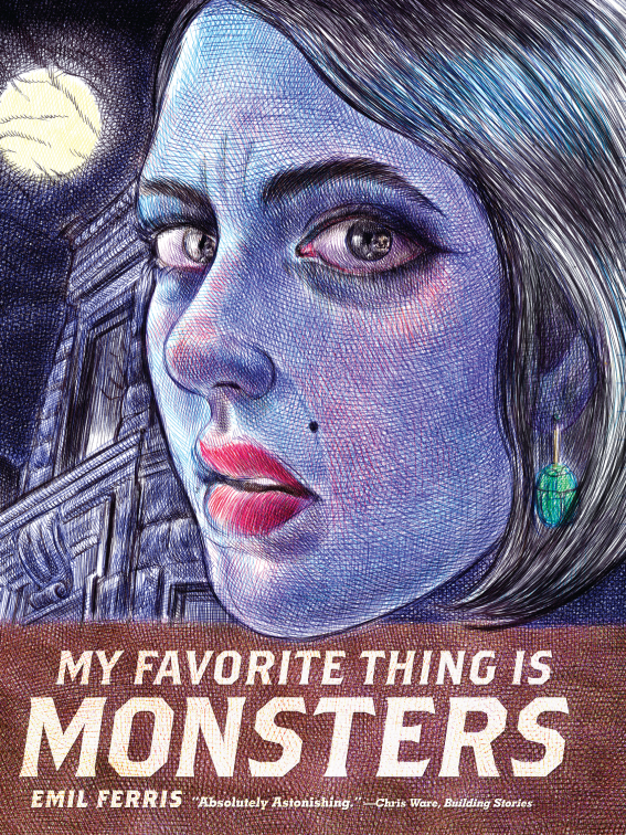 book cover with title text, author name, drawing of woman's purple face looking at reader, old mansion window and full moon in background