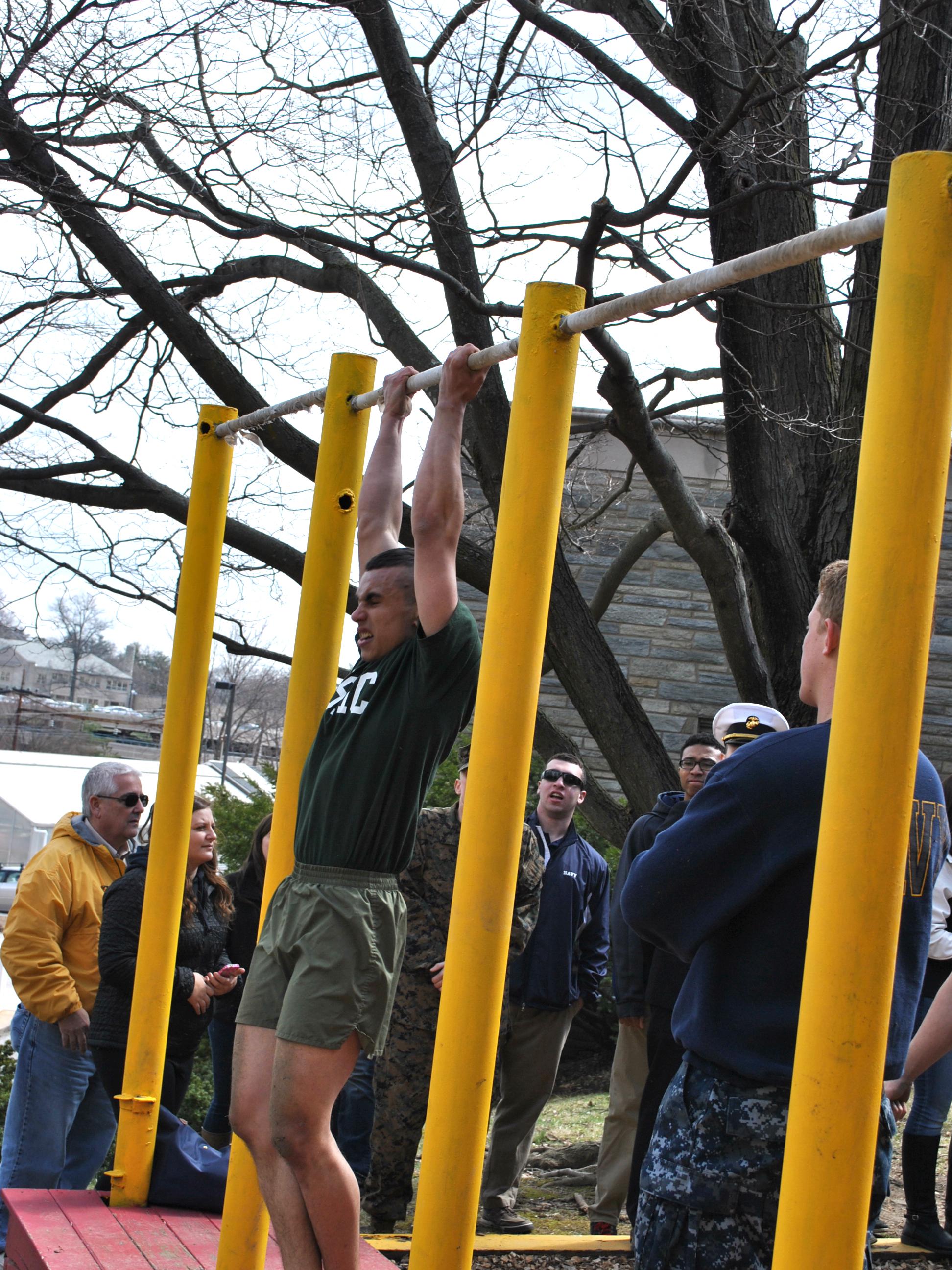 Midshipman Kevin Franqui participates in a segment of the Crossfit Challenge at the spring Military Excellence Competition (MEC) at Villanova University.